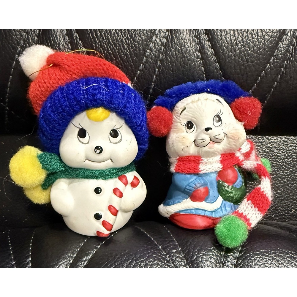 Vintage Giftco Snow Bells Porcelain Christmas Ornaments with Knit Hats Set of 2